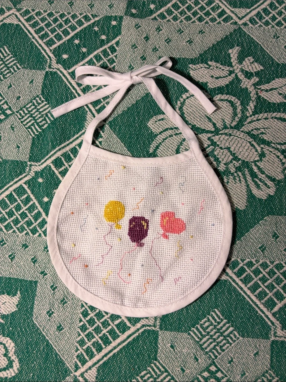 Vintage White Baby Bib with Yellow, Purple & Pink Balloon Embroidery
